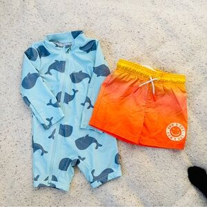 Kids Swim Set - Blue Whale Print and Orange Shorts